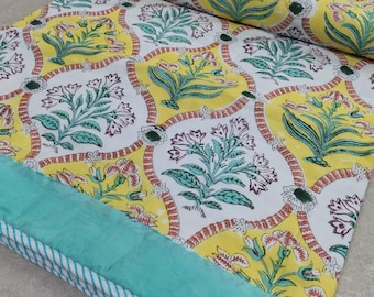 Floral Print Cotton Quilt: Reversible Hand Block Print AC Dohar