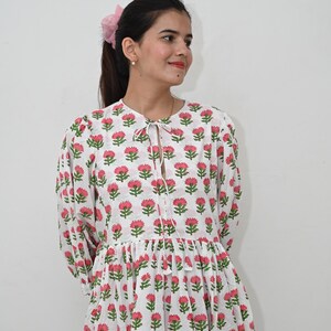 Block Print Cotton Gauze Dress: Deep Neck Floral Midi Mini