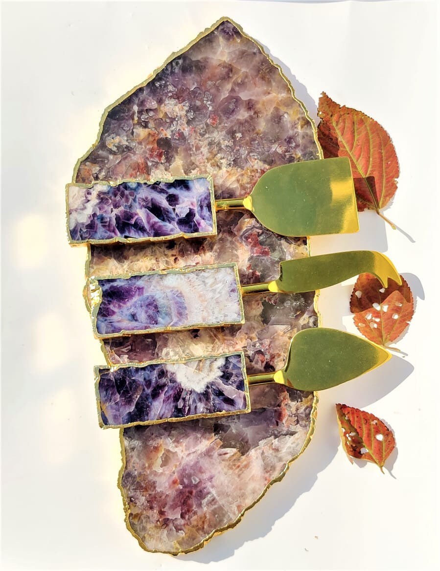 Crystal Cheese Knives Set Rose Quartz Amethyst White Etsy
