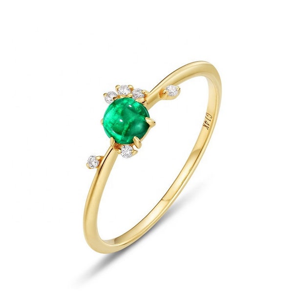 Cabochon Emerald Ring - 14k Emerald Gold Ring - Unique Cabochon Emerald Ring - Emerald Stackable Ring - Dainty Genuine Emerald Ring