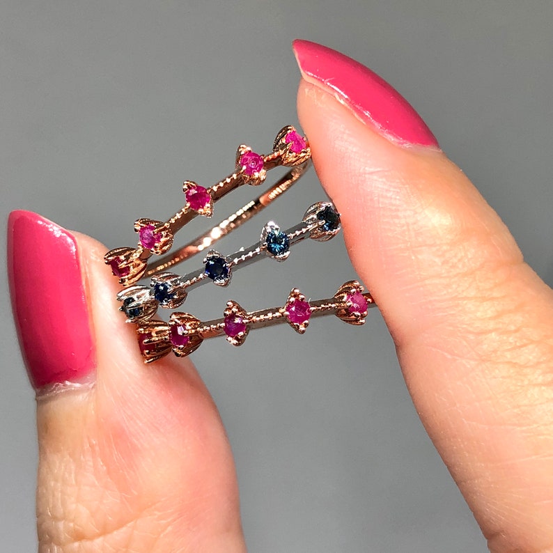 Genuine Ruby Ring Genuine Blue Sapphire Ring Gemstone Stacking Ring Distant Ring Silver Ring -Minimalist Ring
