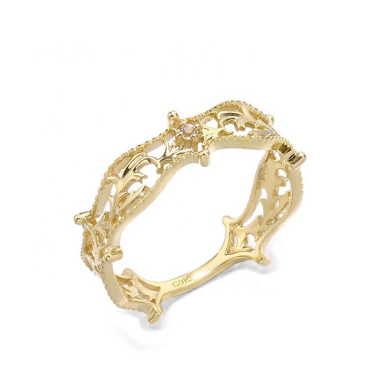 9K Yellow Gold Vintage Gold Leaf Ring Hollow Leaf Ring Wide Band Vintage European Lace Ring Vintage Ring with White Topaz