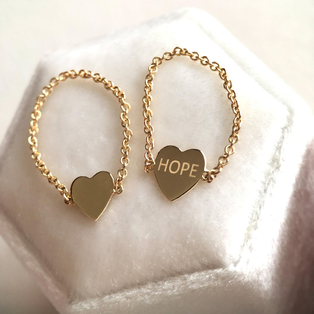 Gold Heart Chain Ring Heart Chain Ring 14K Gold Heart - Etsy