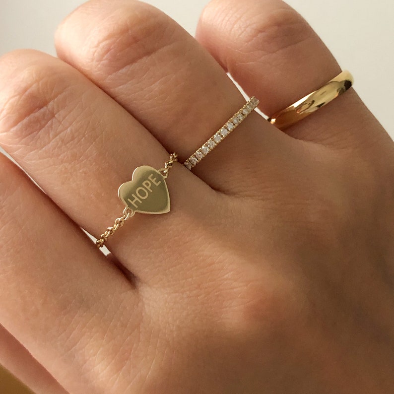 Gold Heart Chain Ring Heart Chain Ring 14K Gold Heart | Etsy