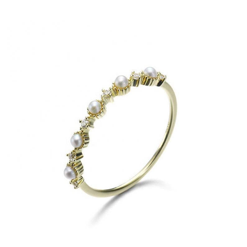 Dainty Pearl Ring Minimalist Pearl Ring Thin Band Stackable Ring Delicate Eternity Band 9k Dainty Minimalist Ring Gold Ring