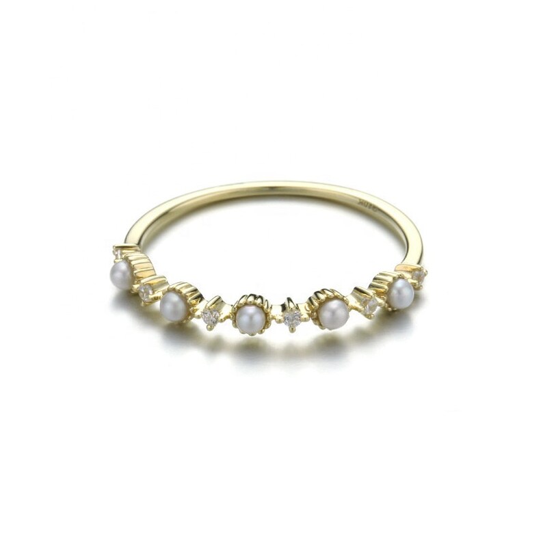 Dainty Pearl Ring Minimalist Pearl Ring Thin Band Stackable Ring Delicate Eternity Band 9k Dainty Minimalist Ring Gold Ring