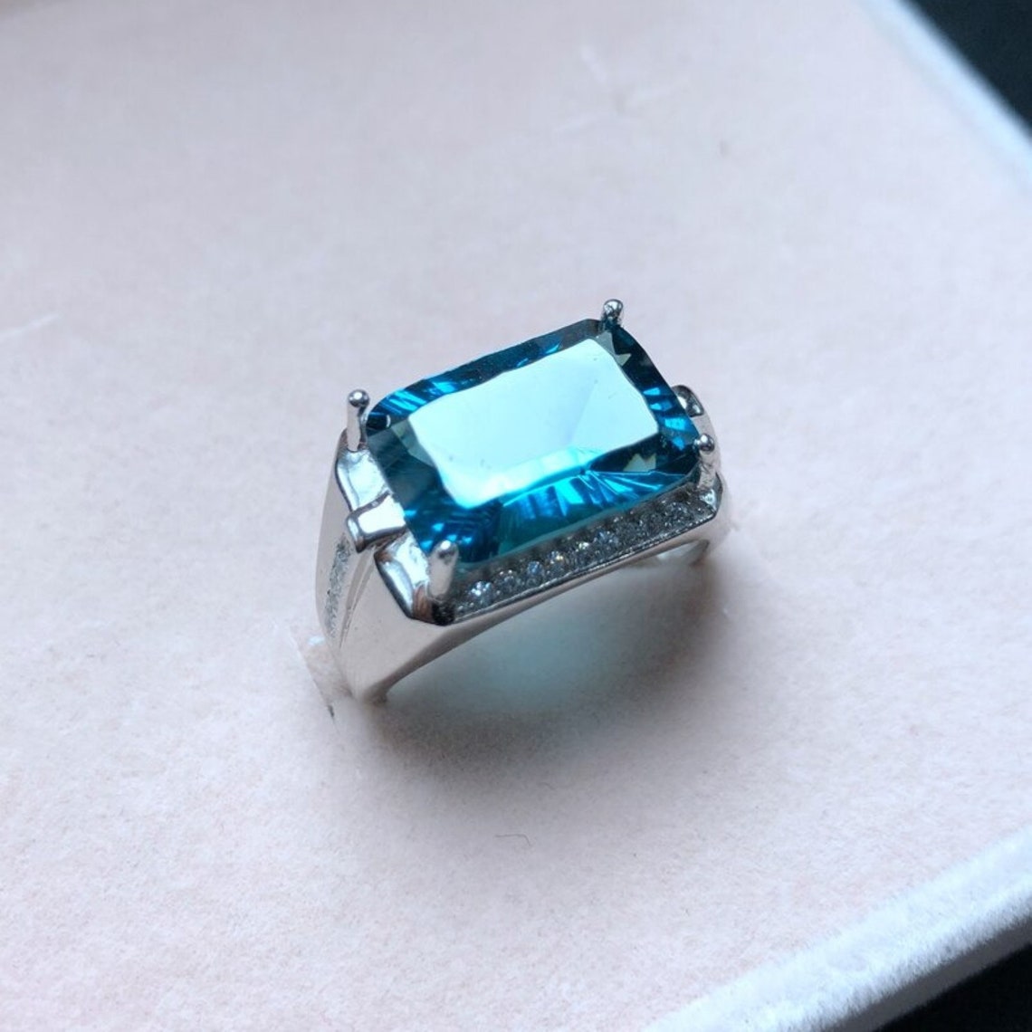 Natural London Blue Topaz Ring for Men 18K White Gold Plated Etsy