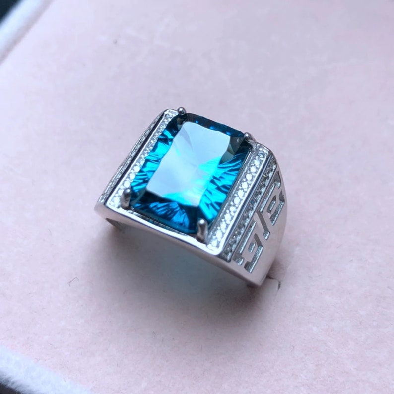 Natural London Blue Topaz Ring For Men 18K White Gold Plated Etsy