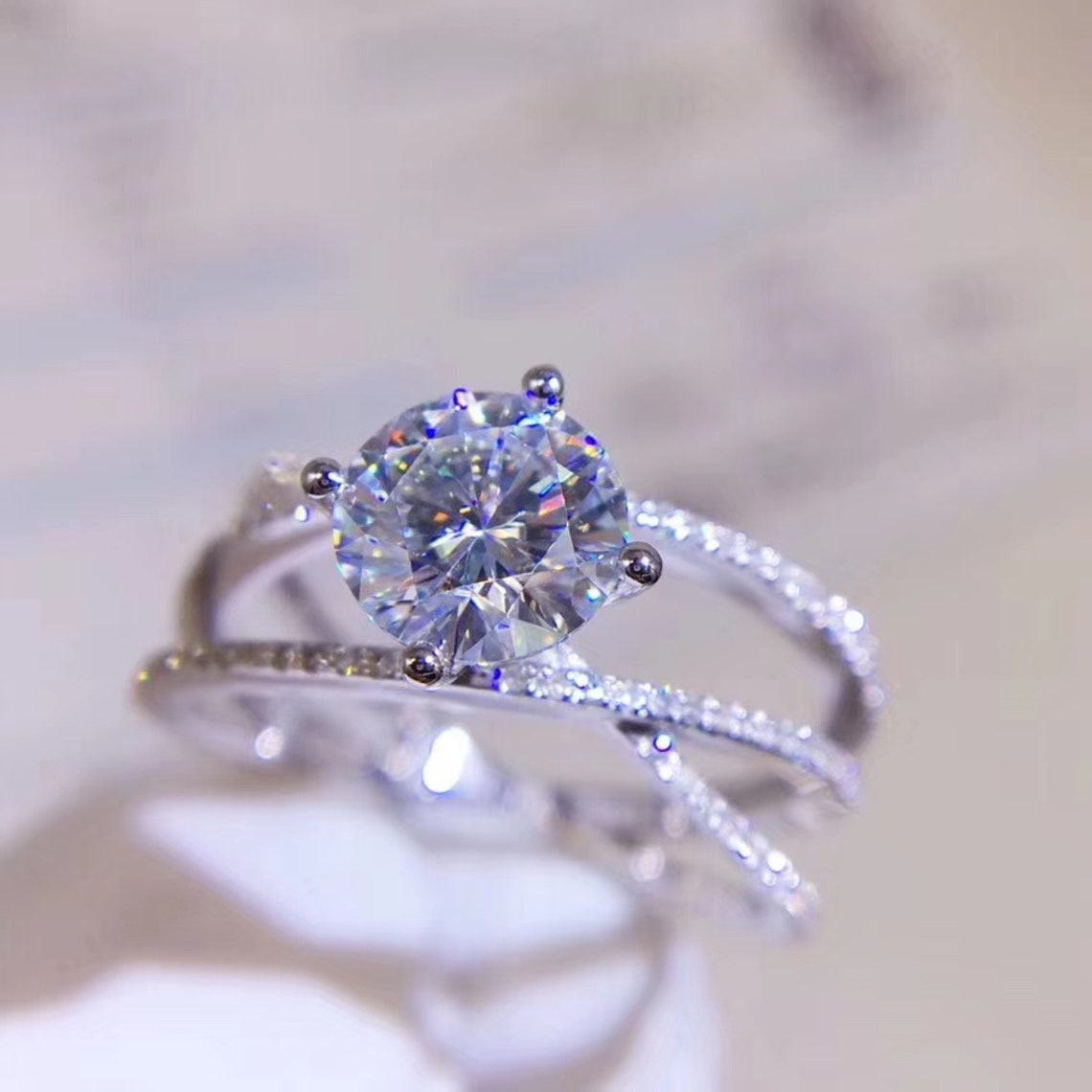 Criss Cross 1CT Moissanite Engagement Ring Dainty Platinum Etsy