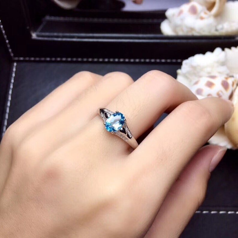 Natural Swiss Blue Topaz Engagement Ring for Women Oval Cut Gemstone 18K White Gold Genuine 925 Sterling Silver Women Rings