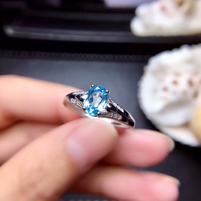 Natural Swiss Blue Topaz Engagement Ring for Women Oval Cut Gemstone 18K White Gold Genuine 925 Sterling Silver Women Rings