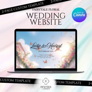 以下が含まれることがあります： ウェディングウェブサイトのテンプレートを表示するラップトップ。画面には「Laila & Hairul」の名前と「2029年2月29日」の日付が表示されたフローラルデザインが表示されています。上部のテキストは「Fairytale Floral Wedding Website」です。