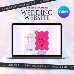 以下が含まれることがあります： 4ページのカスタムウェディングウェブサイトテンプレートを表示するノートパソコンの画面。デザインには、Tya & Zahidという文字が入った鮮やかなピンクのスカラップカード、ライトパープルのアーチ型カード、ストライプの背景上のRSVPカードが含まれています。