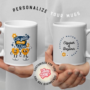 Vintage Valentine's Day Customizable Mug with Retro Cartoon Character Design, Wedding or Anniversary Gift.