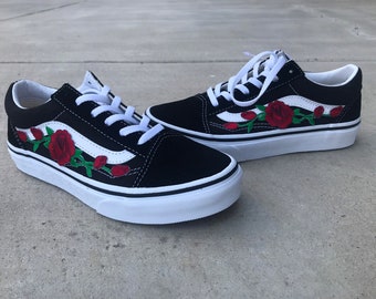 black and white vans with roses