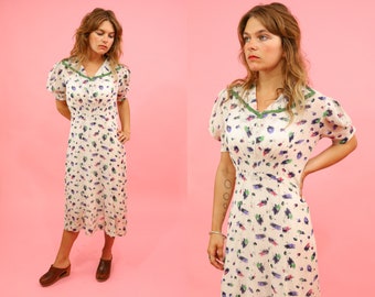 Vintage 1940s/50s Pure Silk Floral Dress//Puff Sleeves//Sheer Summer Maxi Dress//50s Style