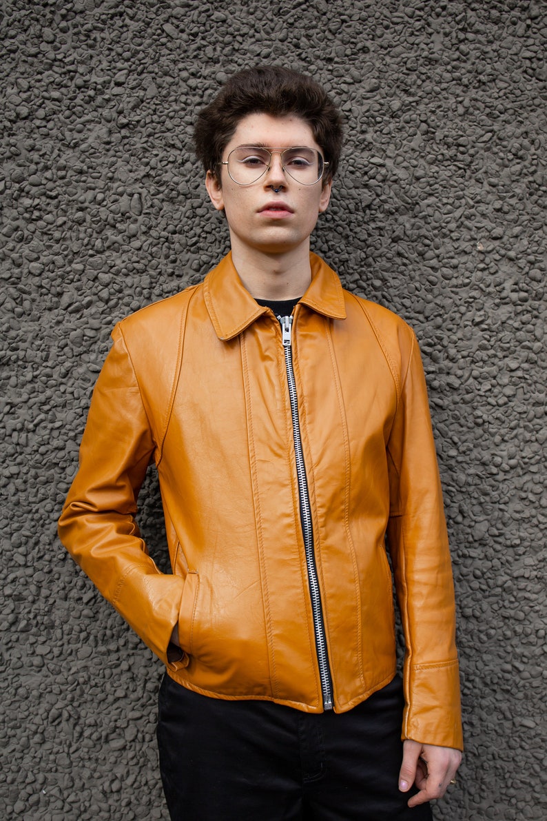 Vintage 1970s Burnt Orange Leather JacketA GOLDEN BOY GARMENTMen/'s CoatLeather Fitted BlazerVarsity70s Preppy
