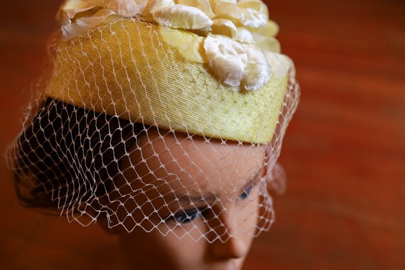 Vintage 1930s Yellow Floral Pillbox Hat with Mesh… - image 4