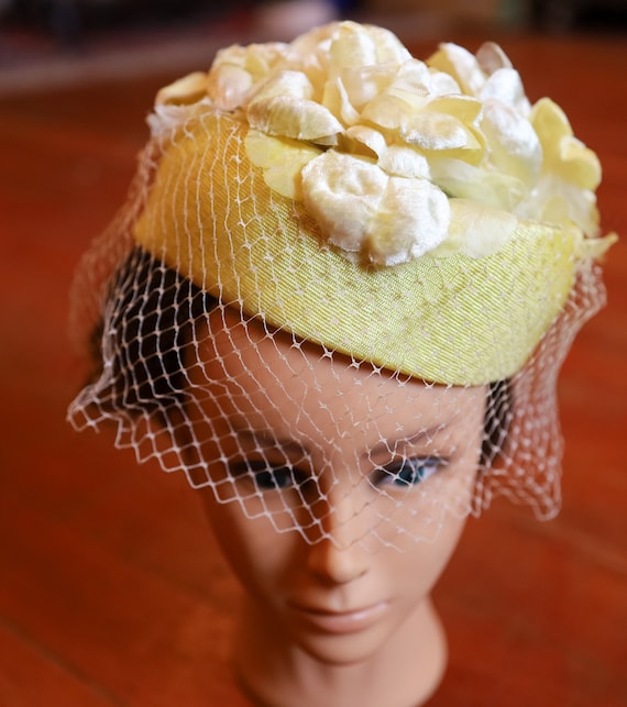 Vintage 1930s Yellow Floral Pillbox Hat with Mesh… - image 2