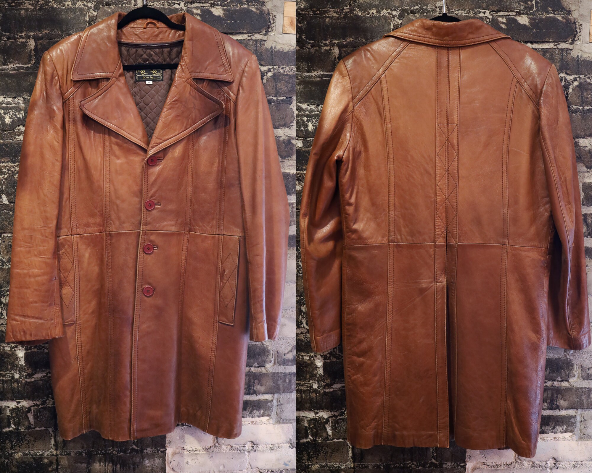 Mens 1970s THE BAY Caramel Leather Long 