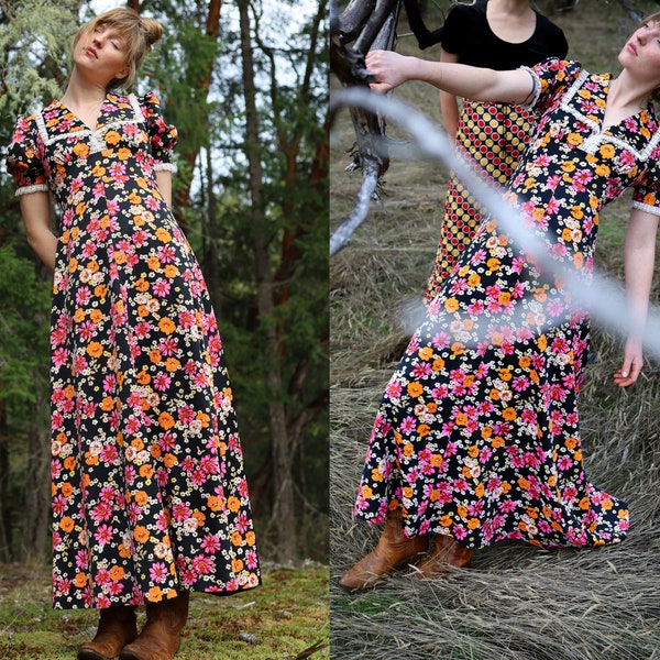 GORGEOUS Handmade 60s Prairie Dress//Floral Patterned Maxi//Flower Power//Hippie Boho//Empire Waist//Prairie Folk