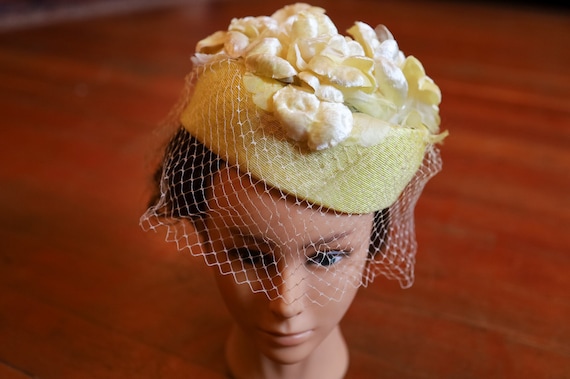 Vintage 1930s Yellow Floral Pillbox Hat with Mesh… - image 1