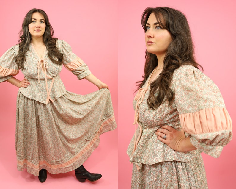 1960s Floral Western shops Matching Shirt & Skirt Set//Vintage Country//Saloon Girl//Handmade Pioneer Set