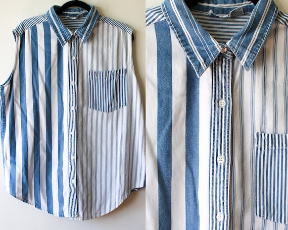 90s Denim Stripped Shirt//Sleeveless Button Up//Bl