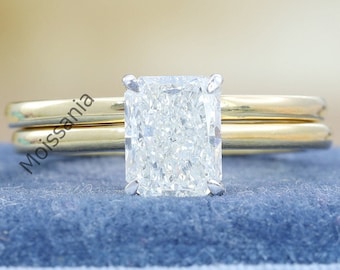 Radiant Cut Moissanite Ring Set: Two-Tone Gold, 1.5CT Solitaire