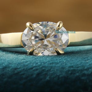East To West Oval Cut Moissanite Ring, Solitaire Diamond Engagement Ring, Horizontal Minimalist Ring, East To West Oval Cut 14K Gold Ring