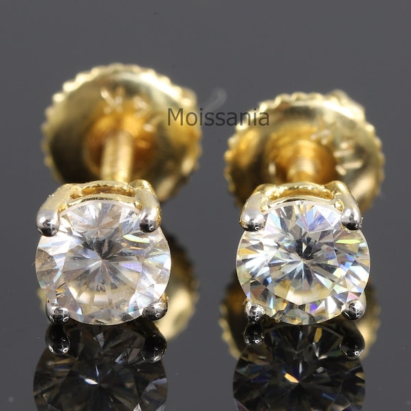 VVS1 Moissanite Solitaire Stud Earrings, 14K Yellow Gold Earrings, Stud Earrings 1.00 CT Moissanite Diamond Earrings, Screw Back Earring