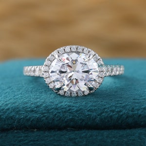 2.5 Carat Oval Colorless Moissanite Diamond Engagement Ring, East to West Moissanite Ring, Halo Diamond 14K White Gold Anniversary Ring