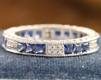 Blue Sapphire Princess & Round Cut Cz Diamond Eternity Band/Art-Deco Vintage Eternity Band/Woman's Wedding Engagement Band/Mother's Day Gift