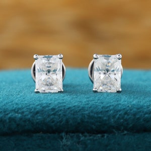Classic Radiant Cut Stud Earrings, 2 TCW Radiant Colorless Moissanite Screw Back Earrings, Wedding Earrings, 14K White Gold Earrings