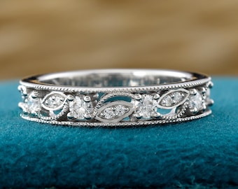 Obrączka z Moissanite Leaf and Vine Eternity, srebrny pierścionek w stylu art déco