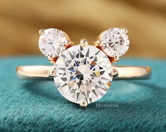 Mouse Engagement Ring - 14K Rose Gold Ring - Wedding Ring - Three Stone Ring - Round Cut Moissanite Ring - Mickey Ring - Promise Ring