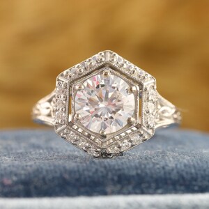 Hexagon Shape Halo Diamond Ring, Round Cut CZ Diamond Vintage Filigree Ring, Art Deco Engagement Ring, Antique Diamond Art Deco Ring