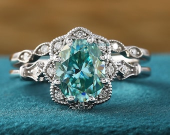 Vintage Aqua Moissanite Bridal Ring Set: 14K Gold Floral Halo Wedding Band