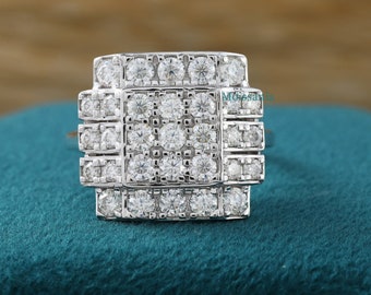 Anillo Art Déco de Moissanita en racimo: Anillo de aniversario de bodas con pavé de oro de 14 quilates