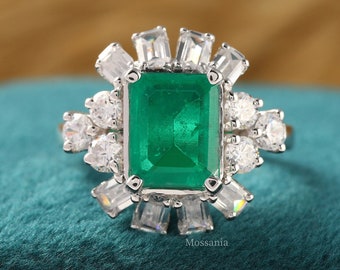 Art Deco Green Emerald & Diamond Ring, Art Deco Engagement In 935 Argentium Silver Ring, Halo Diamond Women's Anniversary Gift Ring