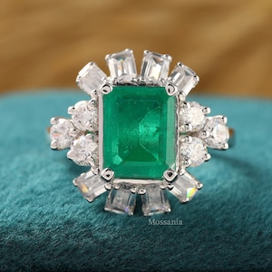 Art Deco Green Emerald & Diamond Ring, Art Deco Engagement In 935 Argentium Silver Ring, Halo Diamond Women&#39;s Anniversary Gift Ring