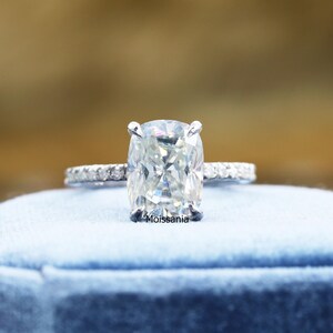 Cushion Cut Moissanite Engagement Ring: Hidden Halo, 14k Gold