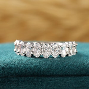Oval Cut Moissanite Half Eternity Band  / 14K White Gold Moissanite Wedding Band / Oval Eternity Women&#39;s Band For Anniversary Gift