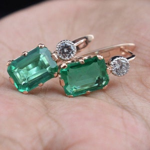 Vintage Art Deco, 2.5 Carat Green Emerald,  White Diamond Hoop Earrings, 14K Rose Gold Plated, Precious Handmade, Mother&#39;s Day Gift