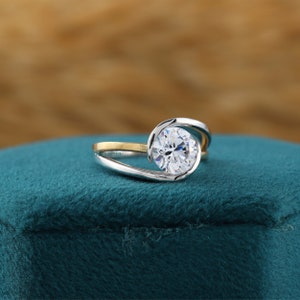 Round Colorless Moissanite Diamond Silver Ring, Half Bezel Two-Tone Silver Moissanite Ring, Swirl Round Moissanite 925 Silver Ring