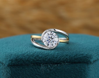 Round Colorless Moissanite Diamond Silver Ring, Half Bezel Two-Tone Silver Moissanite Ring, Swirl Round Moissanite 925 Silver Ring