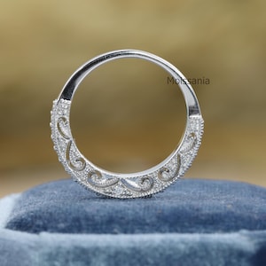Vintage Antique Milgrain Band, Art Deco Moissanite Band, Half Eternity Diamond Wedding Band, 14K White Gold Round Moissanite Art Deco Band