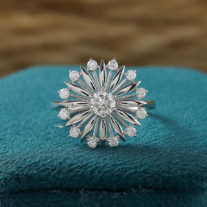 Pierścionek Starburst Ballerina, Pierścień z Moissanite Cluster Floral Halo, Pierścień z Daisy Snowflakes, Pierścionek zaręczynowy, Pierścień z Moissanite 14K Round Art Deco