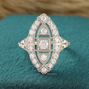 Art deco Navette Ring, Antique Filigree Vintage Edwardian Ring, Round Moissanite Diamond Engagement Wedding Ring, Antique Vintage Style Ring