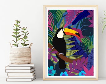 Tropical Illustrated Toucan Exotic Jungle Leaves Wall Art